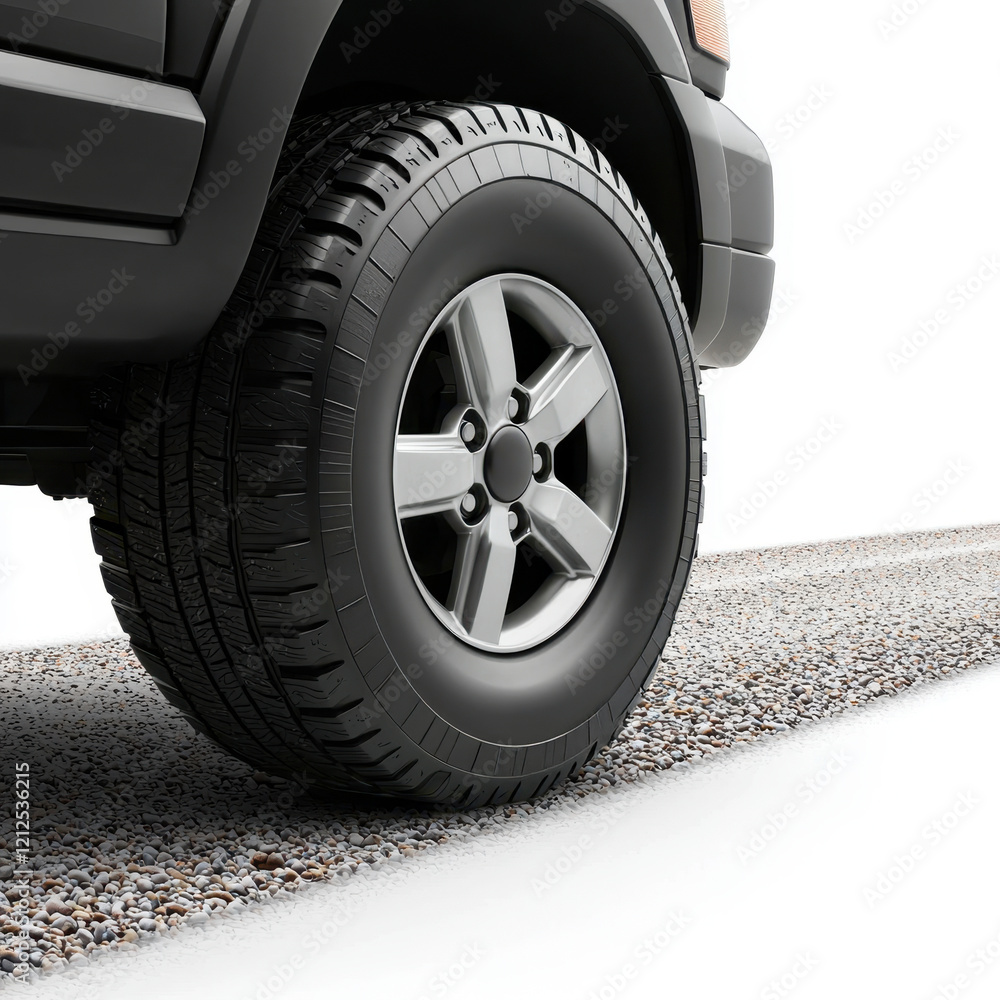 Road trip scenic excitement concept. A close-up of a vehicle tire on a textured surface, highlighting the tire's tread pattern and the vehicle's rim. Road trip scenic excitement concept. A close-up of a vehicle tire on a textured surface, highlighting the tire's tread pattern and the vehicle's rim.