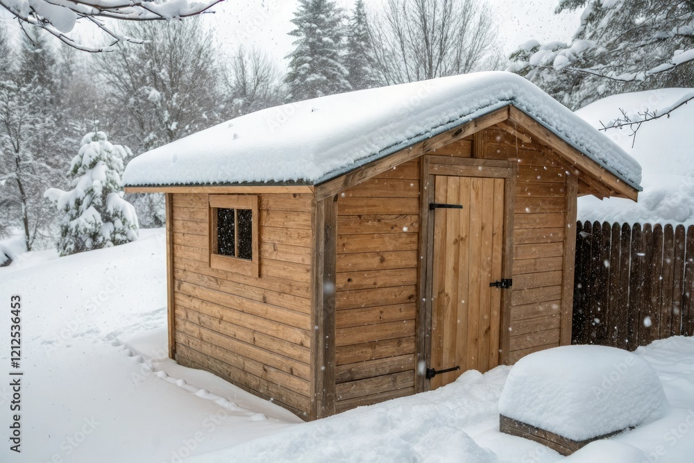 A small wooden shed with a thick layer of snow covering its walls and a few scattered snowflakes on its roof, quiet hours, frozen trees, snowy landscape A small wooden shed with a thick layer of snow covering its walls and a few scattered snowflakes on its roof, quiet hours, frozen trees, snowy landscape