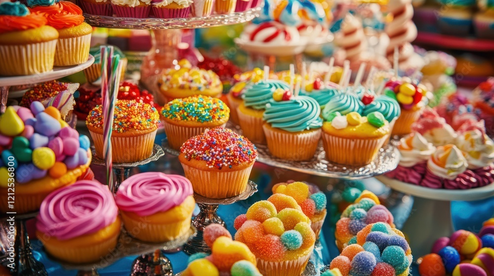 A Colorful Delight: A Vibrant Display of Cupcakes and Candies A Colorful Delight: A Vibrant Display of Cupcakes and Candies