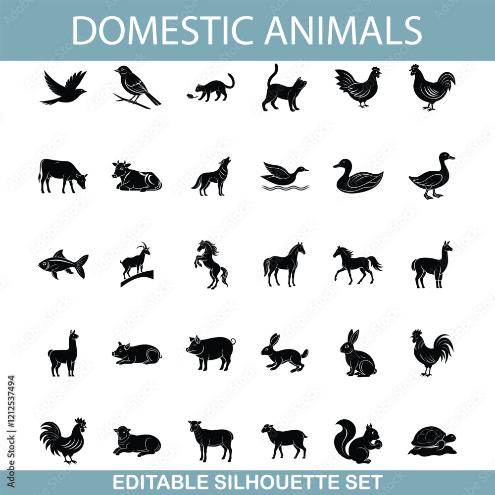 Naklejka premium Domestic Animal Silhouettes Editable Set of Farm and Pet Icons