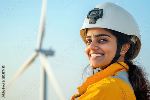 indian female engineer standing with wind turbines against a clear blue sky photo