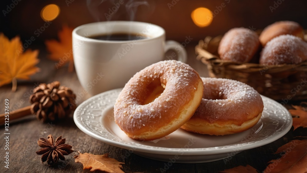 A cozy scene featuring donuts, coffee, and autumn leaves. A cozy scene featuring donuts, coffee, and autumn leaves.