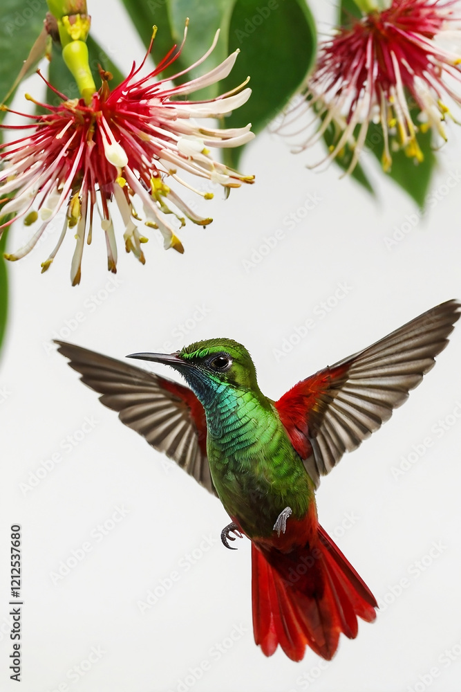 Obraz premium bird, humming, Green crowned The green Costa Rican bird Heliodoxa jacula stands out brilliantly against the stark white background as it flies next to a stunning crimson blossom. 