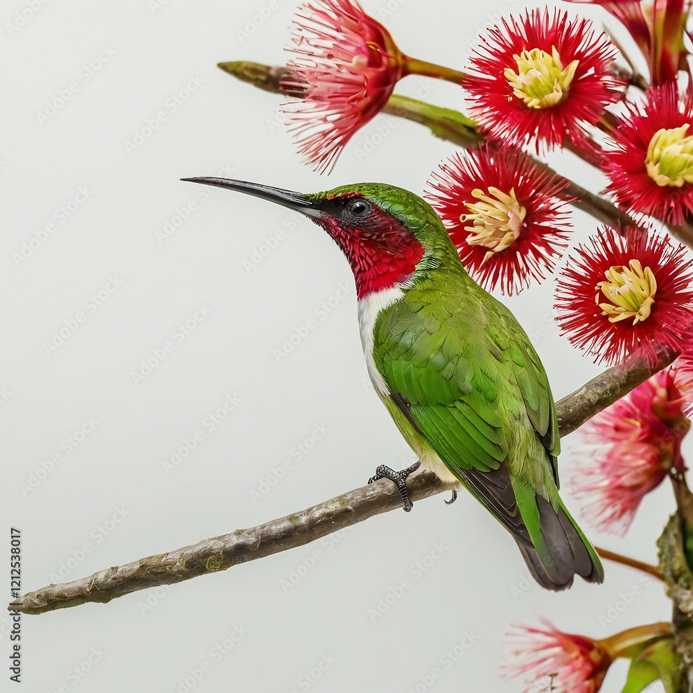 Fototapeta premium bird, humming, Green crowned The green Costa Rican bird Heliodoxa jacula stands out brilliantly against the stark white background as it flies next to a stunning crimson blossom. 