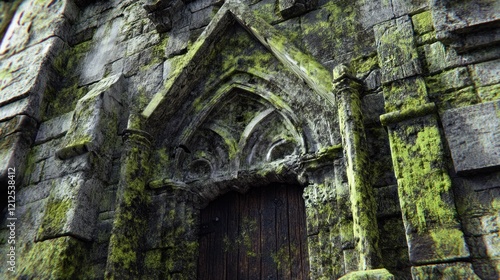 Weathered stone archway with moss-covered detail. photo