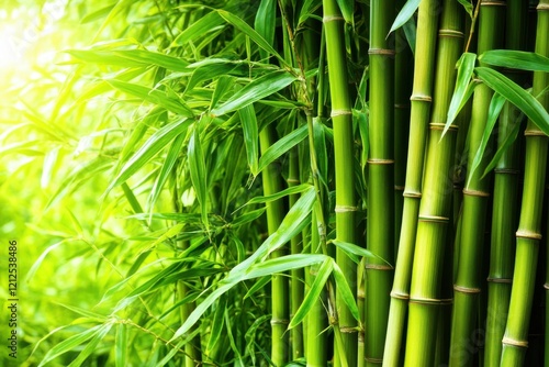 Lush green bamboo stalks and leaves create a vibrant, natural backdrop, showcasing the beauty and vitality of this resilient plant.