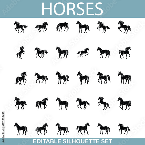 Editable Horse Silhouettes Diverse Poses, Black, Stallion, Mare, Foal