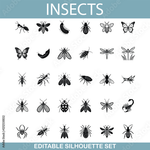 Editable Insect Silhouettes Ants, Bees, Butterflies, Beetles, and More