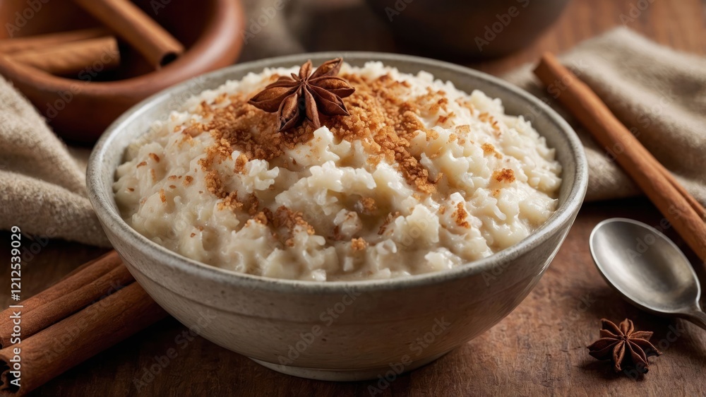 A bowl of creamy rice pudding topped with spices, perfect for dessert or comfort food. A bowl of creamy rice pudding topped with spices, perfect for dessert or comfort food.