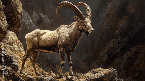 A majestic male ibex stands proudly on a rocky ledge, showcasing its impressive curved horns and strong physique. photo