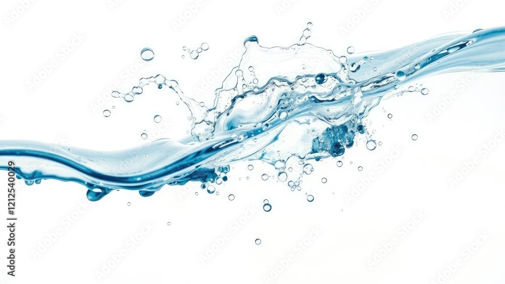 Close up shot of blue water splash with bubbles floating on a pure white background, freshness, blue Close up shot of blue water splash with bubbles floating on a pure white background, freshness, blue