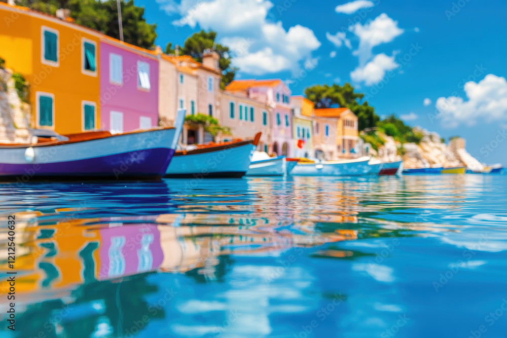 Obraz premium Colorful coastal village with vibrant houses and boats reflecting on clear blue water under bright sunny sky