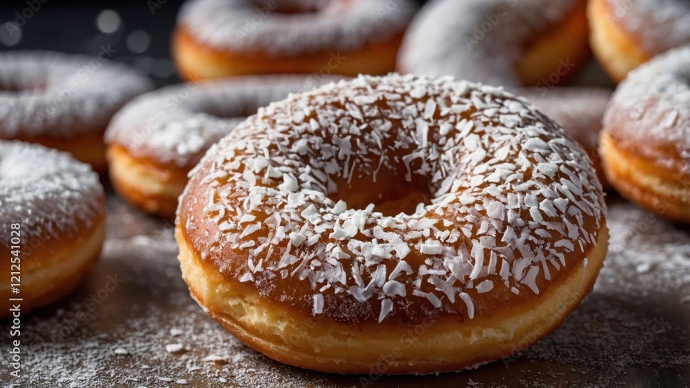A close-up of a delicious donut topped with shredded coconut, surrounded by more donuts. A close-up of a delicious donut topped with shredded coconut, surrounded by more donuts.