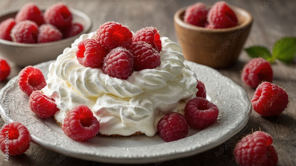 A delicious dessert featuring whipped cream and fresh raspberries on a decorative plate. A delicious dessert featuring whipped cream and fresh raspberries on a decorative plate.