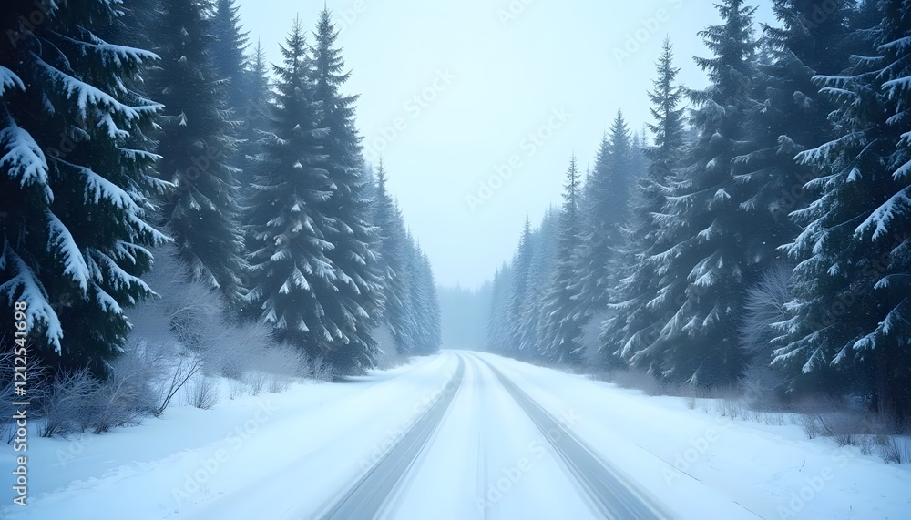 Snowy road through a coniferous forest, a winter scenic view with tire tracks and soft light Snowy road through a coniferous forest, a winter scenic view with tire tracks and soft light
