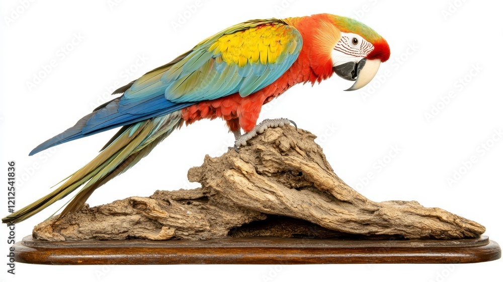 Fototapeta premium Vibrant Scarlet Macaw Perched on Driftwood Exotic Bird Wildlife Photography