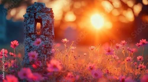 Vibrant sunset illuminates wildflowers next to an old stone structure in a tranquil landscape photo