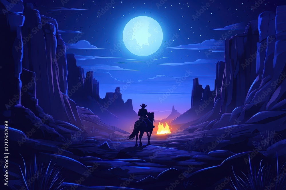 Fototapeta premium Cowboy Rides Horse Beneath Night Sky Moonlit Canyon
