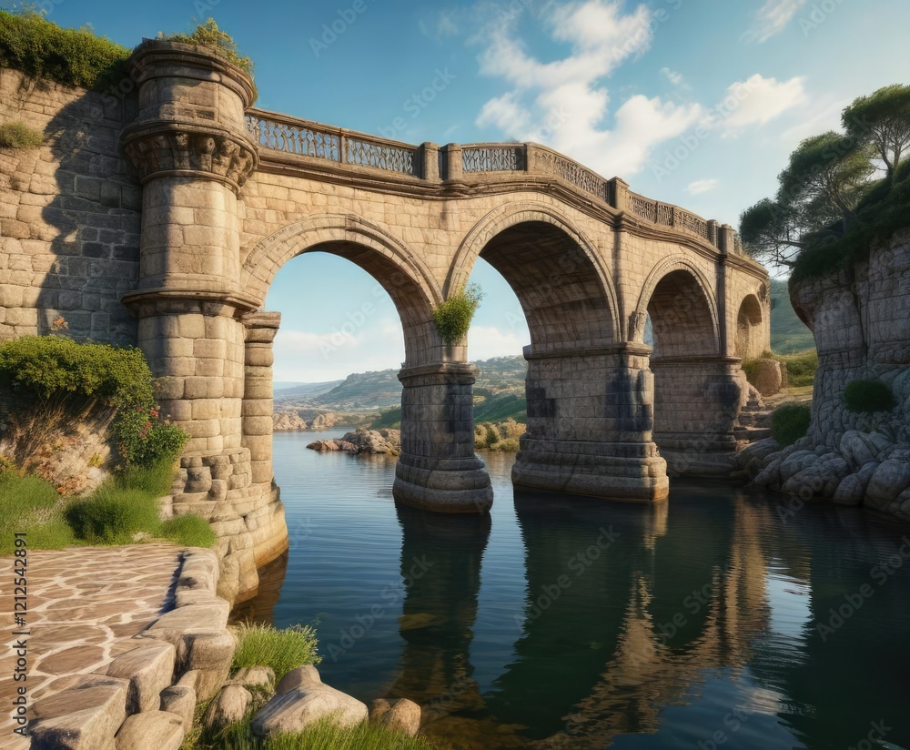 A picturesque stone bridge with ornate arches spanning a narrow Portuguese estuary, ornate, Portugal, estuary A picturesque stone bridge with ornate arches spanning a narrow Portuguese estuary, ornate, Portugal, estuary