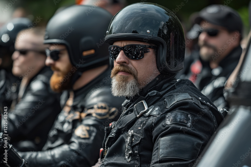 Detail of some black custom motorcycle bikers on an outing Detail of some black custom motorcycle bikers on an outing