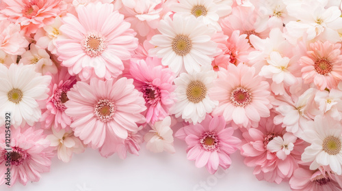 Soft pastel floral background with pink and white daisies in full bloom for romantic garden atmosphere photo