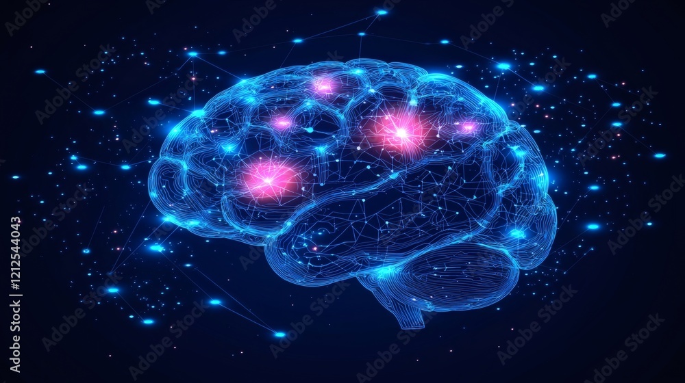 Illuminated Brain: A stylized, glowing human brain with highlighted neural pathways, suggesting active thought processes and cognitive function. The image uses a cool blue and pink color palette. Illuminated Brain: A stylized, glowing human brain with highlighted neural pathways, suggesting active thought processes and cognitive function. The image uses a cool blue and pink color palette.