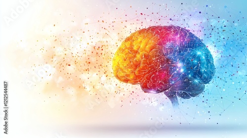 Rainbow Brain: An artistic rendering of a human brain, bursting with vibrant color and sparkling energy, symbolizes intelligence, creativity, and the limitless potential of the human mind.   photo