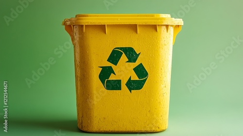 Yellow Recycling Bin with Green Recycle Symbol photo