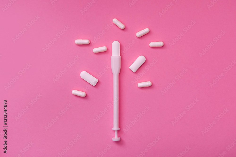 Vaginal suppositories with pills on a pink background. Caring for women's health. Close up of the product. Flat styling. Place for text Vaginal suppositories with pills on a pink background. Caring for women's health. Close up of the product. Flat styling. Place for text
