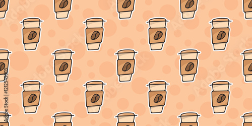 Seamless pattern with a cup of coffee. An invigorating aromatic drink. Wallpaper for a coffee shop. Doodle Pattern Style. seamless. hot chocolate. The inscription coffee. cappuccino. American. espress