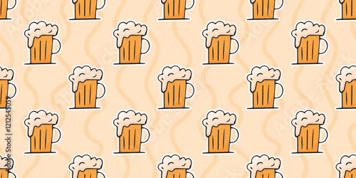 A seamless repeating pattern featuring illustrated beer mugs with foam on a light beige background, creating a playful and casual pub-style design.