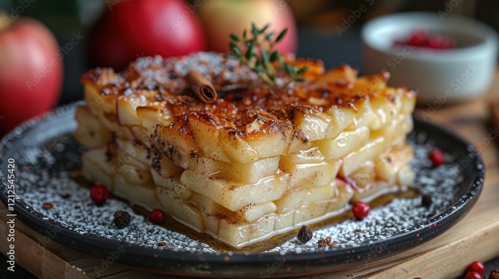 Apple Strudel with Cinnamon and Rosemary on a Black Plate Apple Strudel with Cinnamon and Rosemary on a Black Plate