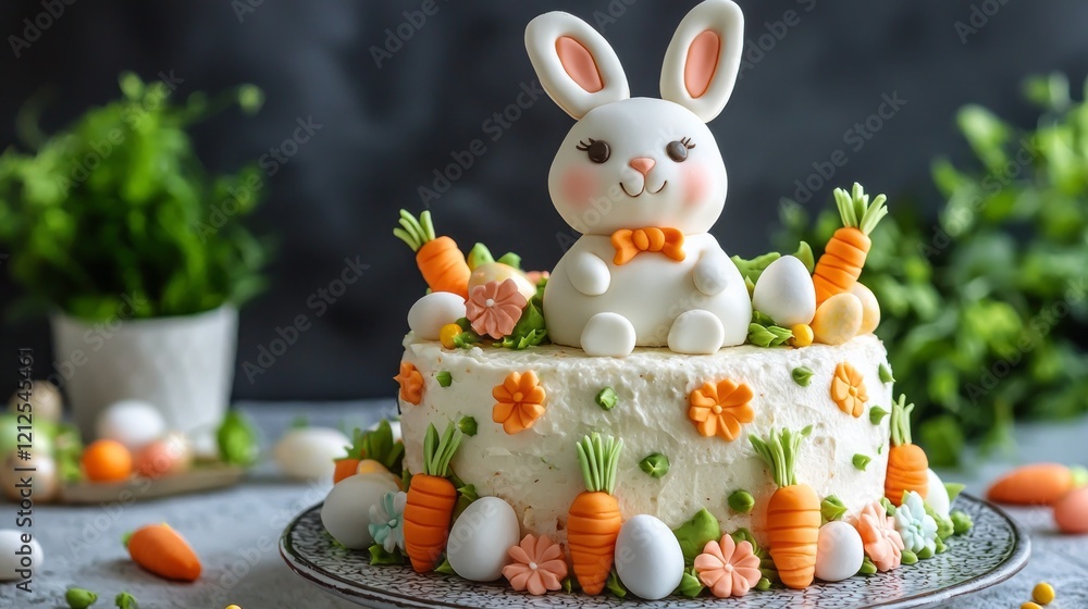 A beautifully crafted homemade cake features a charming Easter bunny on top, surrounded by vibrant carrots and pastel decorations, perfect for a joyful festive gathering A beautifully crafted homemade cake features a charming Easter bunny on top, surrounded by vibrant carrots and pastel decorations, perfect for a joyful festive gathering