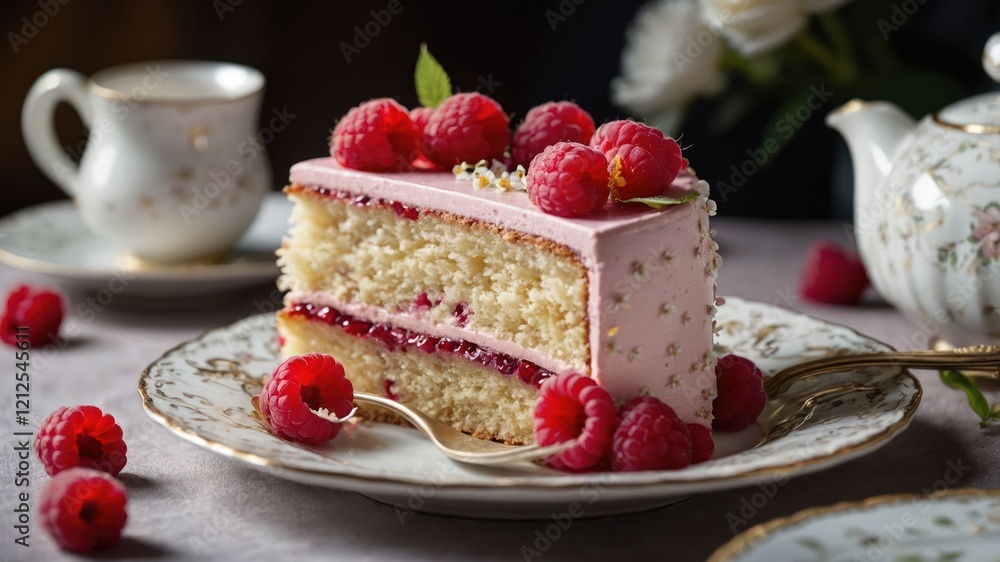A beautifully decorated slice of cake topped with raspberries, served on an elegant plate. A beautifully decorated slice of cake topped with raspberries, served on an elegant plate.