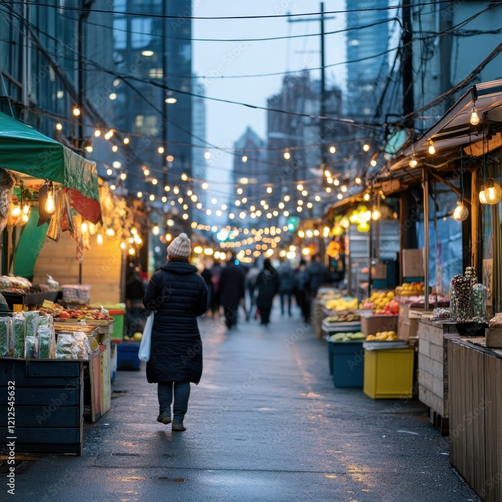 Obraz premium Night Market Scene with Elegant Lights and Stalls in Urban Setting