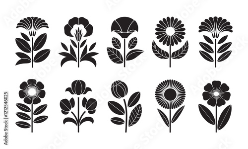 Black Silhouette Floral Vector Set - Minimalist Decorative Flower Designs