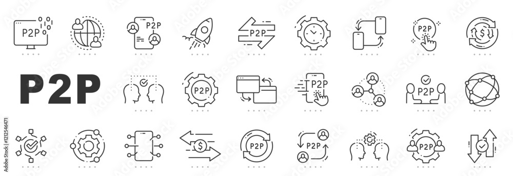 Set of p2p related line icons. Peer, payment, share, exchange etc. Editable stroke. Set of p2p related line icons. Peer, payment, share, exchange etc. Editable stroke.