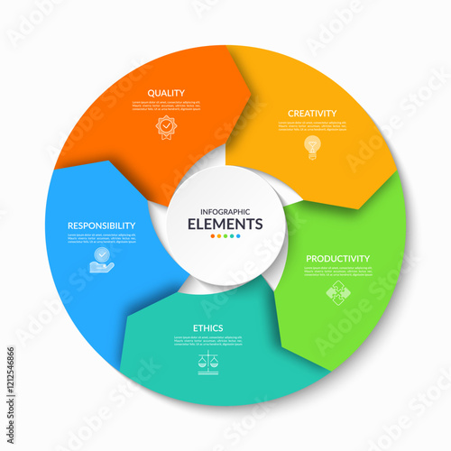 Сircular infographic template divided into five colored sections. Perfect for business, education, marketing, visualizing data, simplifying complex information and making presentations more impactful.