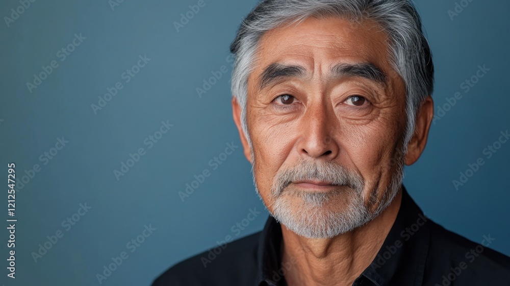 Fototapeta premium Thoughtful senior Japanese man in black shirt, against a neutral blue backdrop with ample empty space for creative text or inspirational messages.