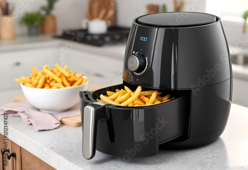 An air fryer cooking french fries, with extras in a bowl photo