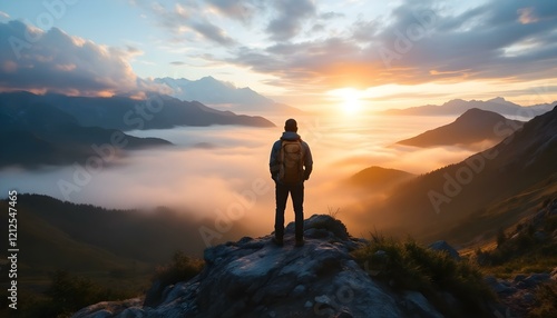 Fototapeta Naklejka Na Ścianę i Meble -  Hiker looks at the sunset from high up on a mountain.