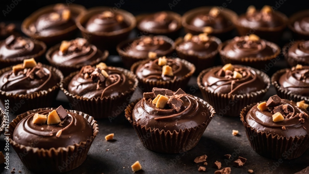 A tempting assortment of chocolate cupcakes topped with swirls and sprinkles. A tempting assortment of chocolate cupcakes topped with swirls and sprinkles.