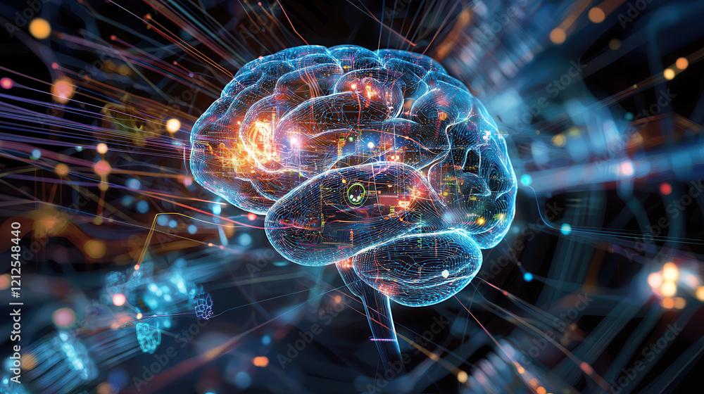 glowing digital brain surrounded by vibrant neural connections and data streams, symbolizing AI driven innovation and futuristic technology glowing digital brain surrounded by vibrant neural connections and data streams, symbolizing AI driven innovation and futuristic technology