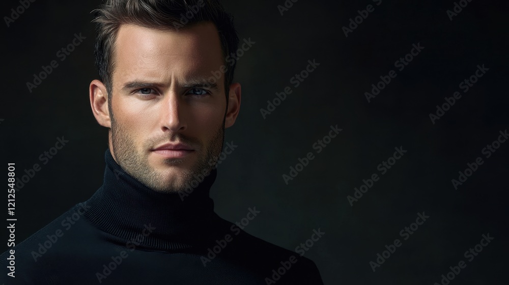 Young man in a black turtleneck, showcasing confidence against a dark background, with ample empty space for personalized text or message. Young man in a black turtleneck, showcasing confidence against a dark background, with ample empty space for personalized text or message.