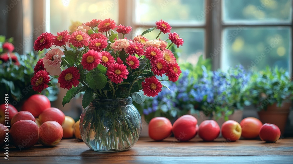 Rustic table with vibrant flowers and fresh apples near a sunlit window Rustic table with vibrant flowers and fresh apples near a sunlit window