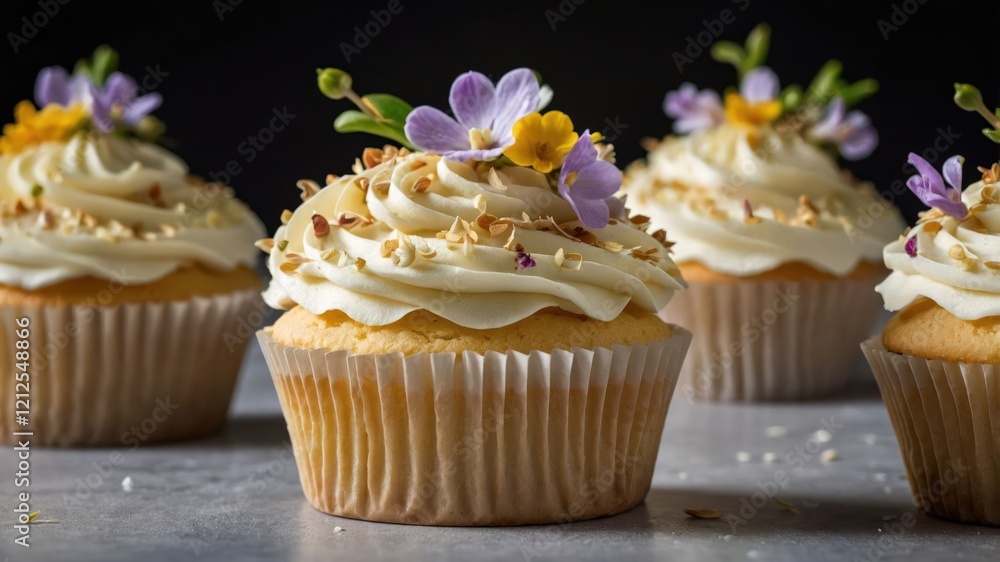 A close-up of beautifully decorated cupcakes topped with flowers and nuts. A close-up of beautifully decorated cupcakes topped with flowers and nuts.