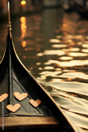 A gondola rowing through a canal, its oar forming ripples that look like hearts photo