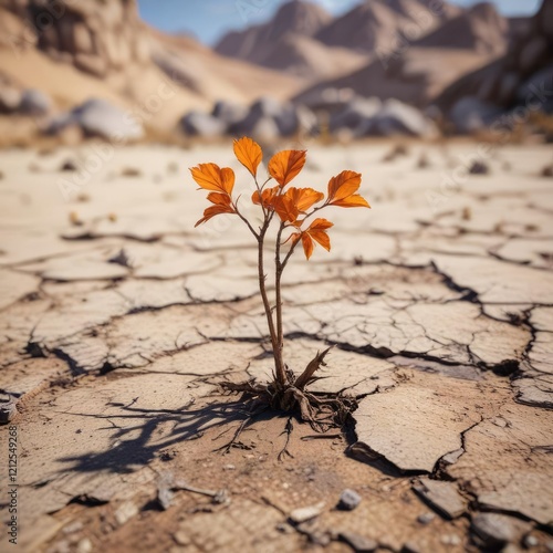 A lone withered plant in a dry, cracked field , dry riverbed , barren scenery photo