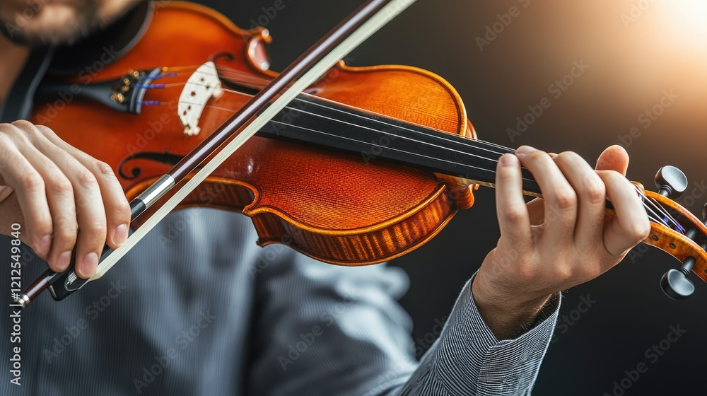 Close-up of a violinist's focused hands and bow, the polished violin glowing under classic theatre lights during a symphony performance. Close-up of a violinist's focused hands and bow, the polished violin glowing under classic theatre lights during a symphony performance.