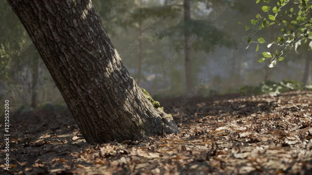 A tree leans to one side, surrounded by a carpet of dried leaves, set in a peaceful forest area. Sunlight filters through the foliage, creating a tranquil atmosphere. A tree leans to one side, surrounded by a carpet of dried leaves, set in a peaceful forest area. Sunlight filters through the foliage, creating a tranquil atmosphere.